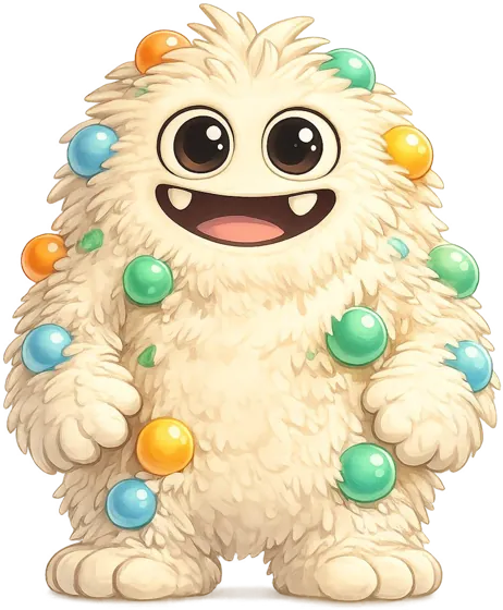 Kido, la mascota peluda de KIDO PLAY, rodeada de bolas de colores